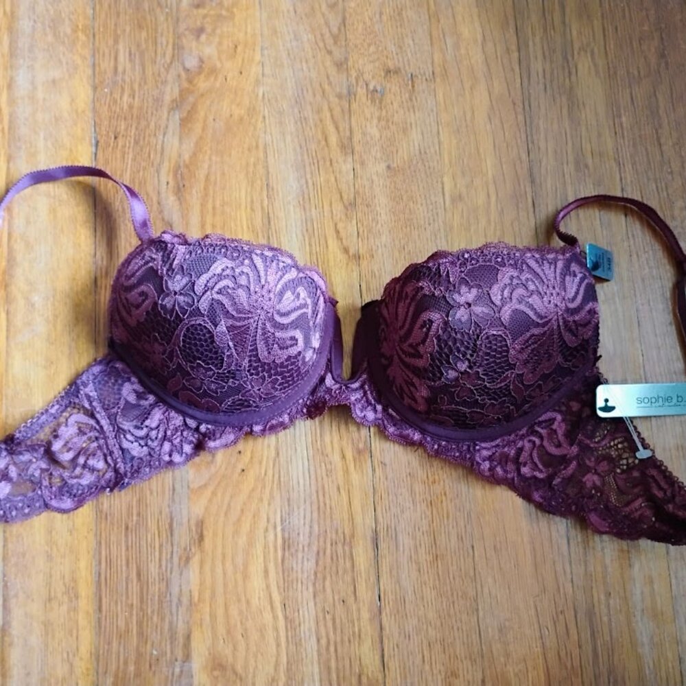 New SOPHIE B Lace Underwire Demi Lightly Padded Bra Size 34B Maroon - NWT